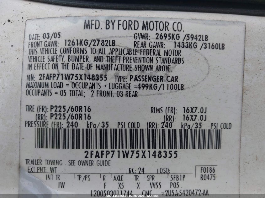 2005 Ford Crown Victoria Police VIN: 2FAFP71W75X148355 Lot: 44462559