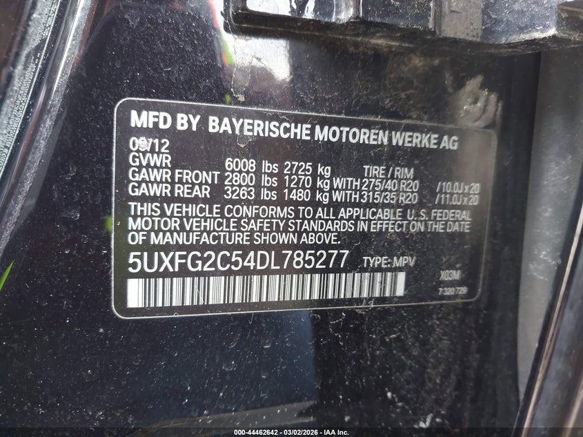 2013 BMW X6 xDrive35I VIN: 5UXFG2C54DL785277 Lot: 44462642