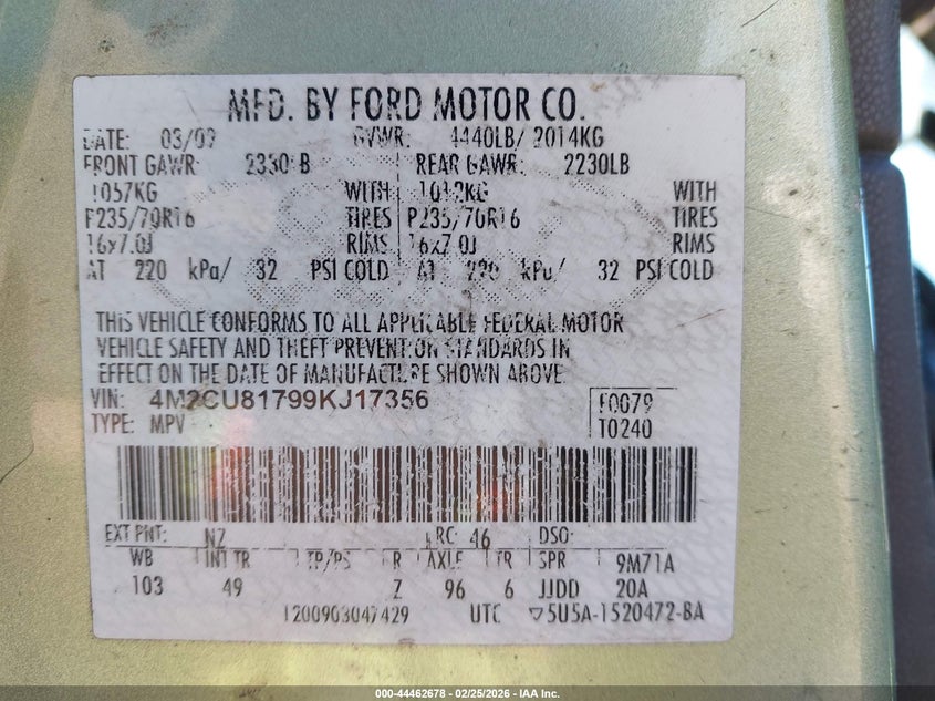 2009 Mercury Mariner I4 VIN: 4M2CU81799KJ17356 Lot: 44462678