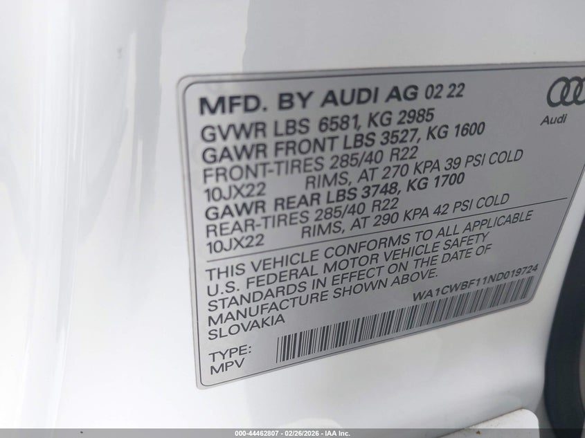 2022 Audi Sq8 Prestige Tfsi Quattro Tiptronic VIN: WA1CWBF11ND019724 Lot: 44462807