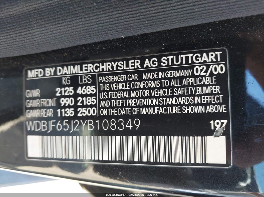 2000 Mercedes-Benz E 320 VIN: WDBJF65J2YB108349 Lot: 44463117