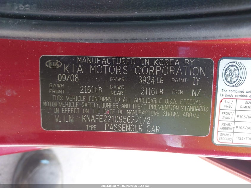2009 Kia Spectra Ex VIN: KNAFE221095622172 Lot: 44463171