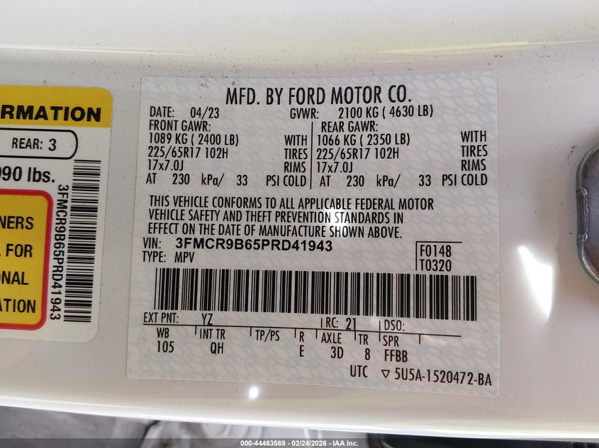 VIN 3FMCR9B65PRD41943 2023 FORD BRONCO SPORT BIG BEND