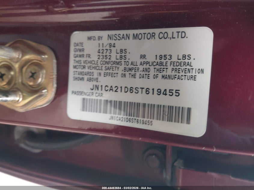 1995 Nissan Maxima Gle/Gxe/Se VIN: JN1CA21D6ST619455 Lot: 44463684