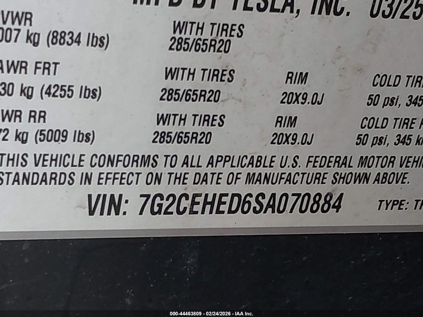 2025 Tesla Cybertruck All-Wheel Drive VIN: 7G2CEHED6SA070884 Lot: 44463809