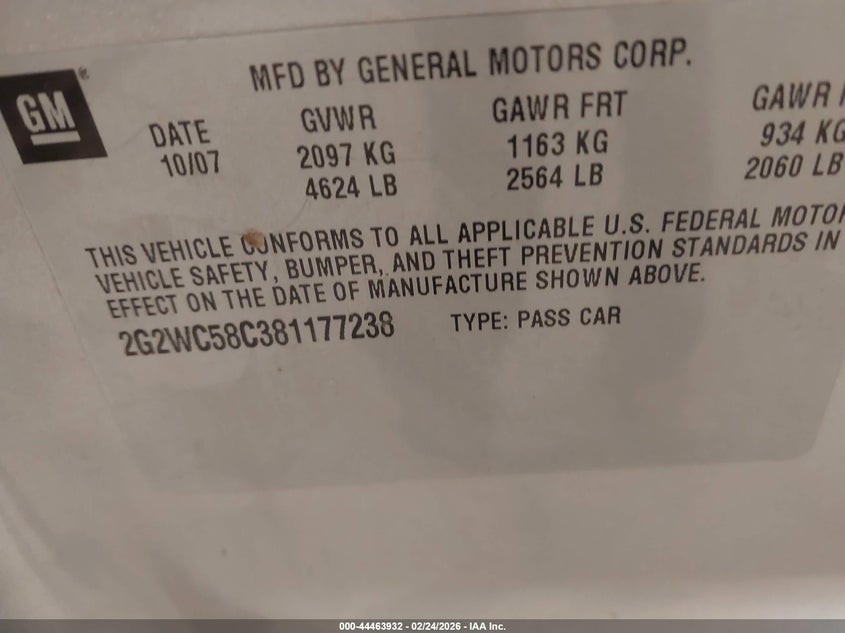 2008 Pontiac Grand Prix Gxp VIN: 2G2WC58C381177238 Lot: 44463932