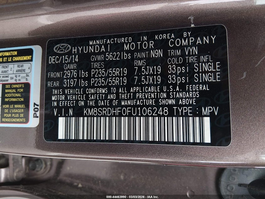 2015 Hyundai Santa Fe Limited VIN: KM8SRDHF0FU106248 Lot: 44463990