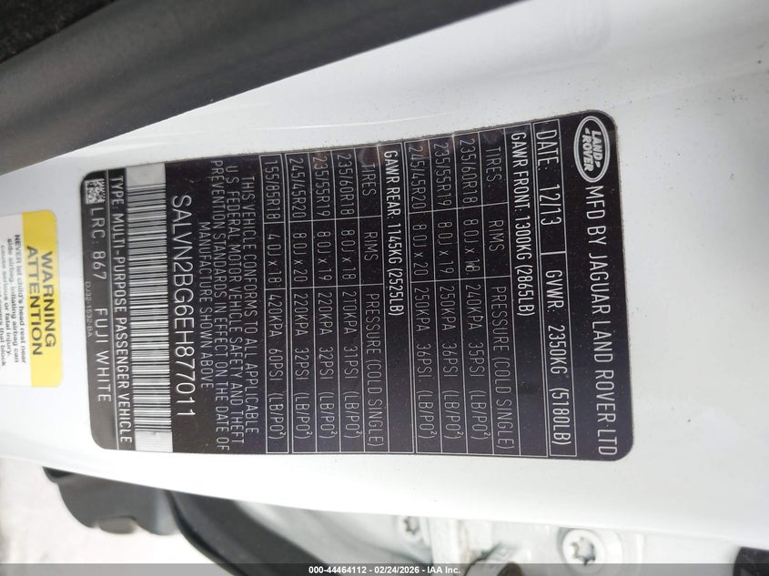 2014 Land Rover Range Rover Evoque Pure VIN: SALVN2BG6EH877011 Lot: 44464112