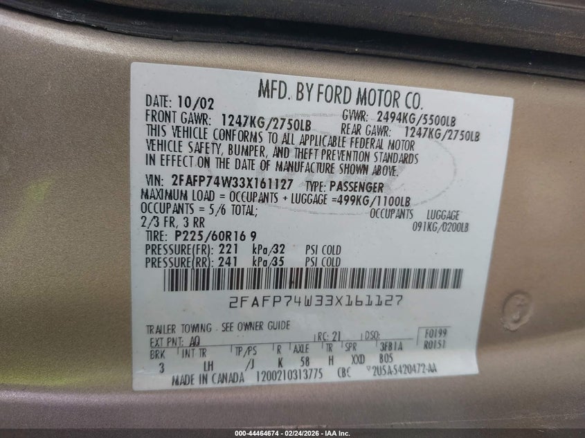 2003 Ford Crown Victoria Lx VIN: 2FAFP74W33X161127 Lot: 44464674