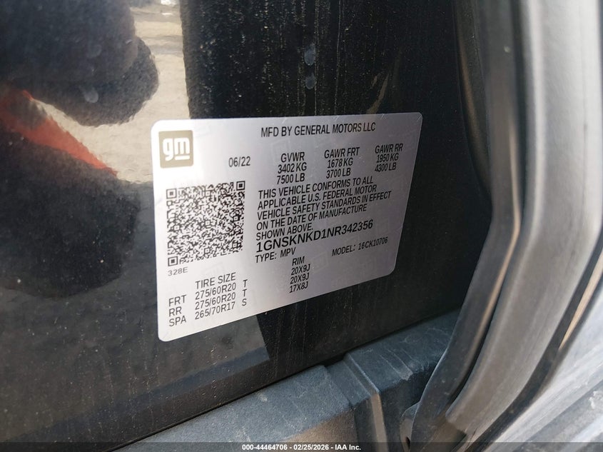 2022 Chevrolet Tahoe 4Wd Lt VIN: 1GNSKNKD1NR342356 Lot: 44464706