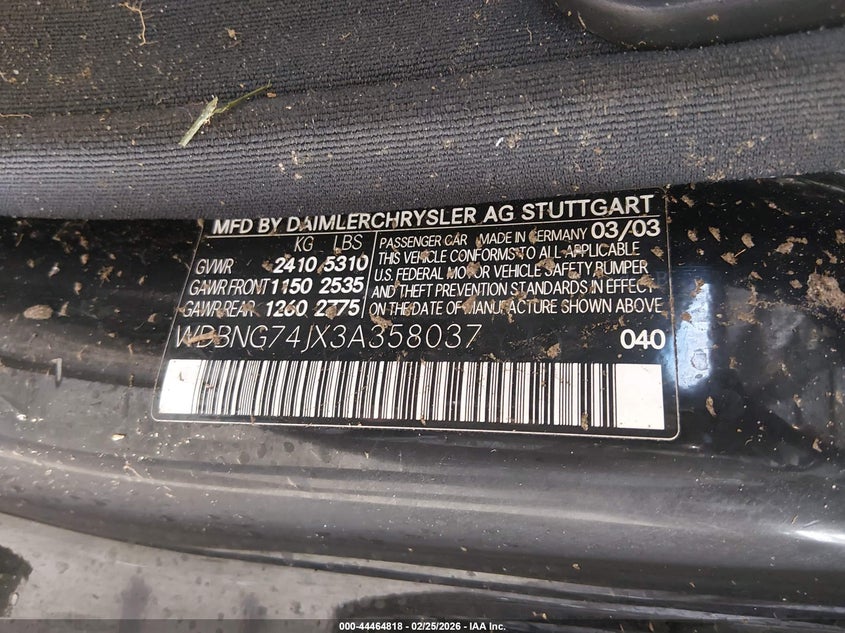 2003 Mercedes-Benz S 55 Amg VIN: WDBNG74JX3A358037 Lot: 44464818