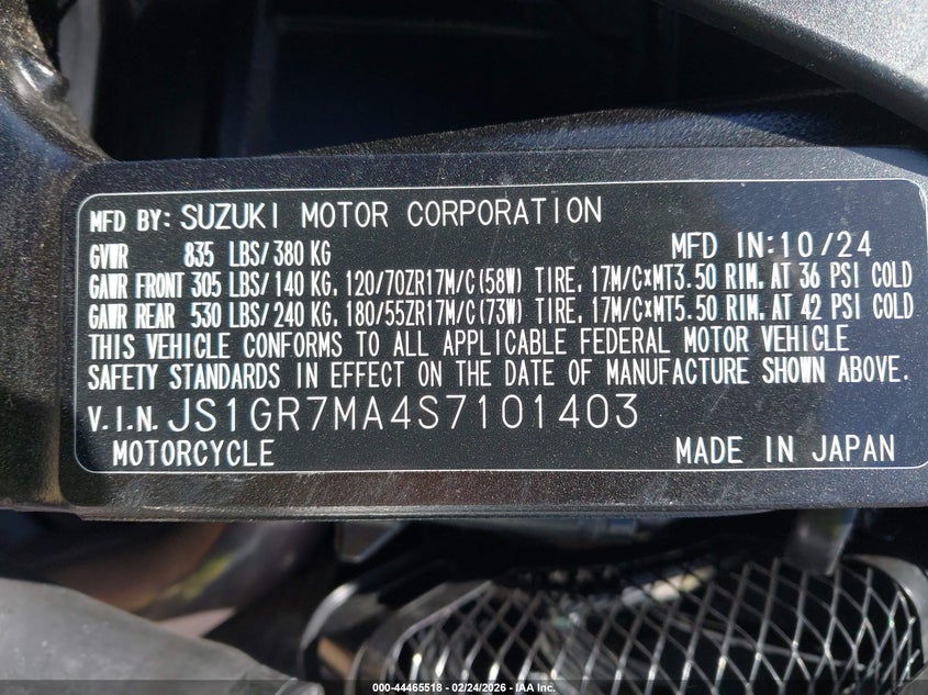 2025 Suzuki Gsx-R750 VIN: JS1GR7MA4S7101403 Lot: 44465518