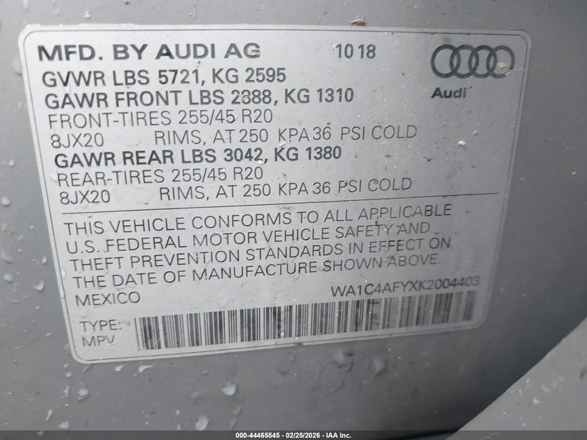 2019 Audi Sq5 3.0T Premium VIN: WA1C4AFYXK2004403 Lot: 44465545