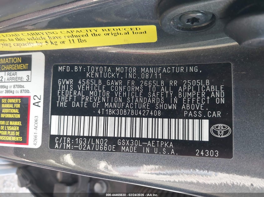 2011 Toyota Avalon Limited VIN: 4T1BK3DB7BU427408 Lot: 44465630