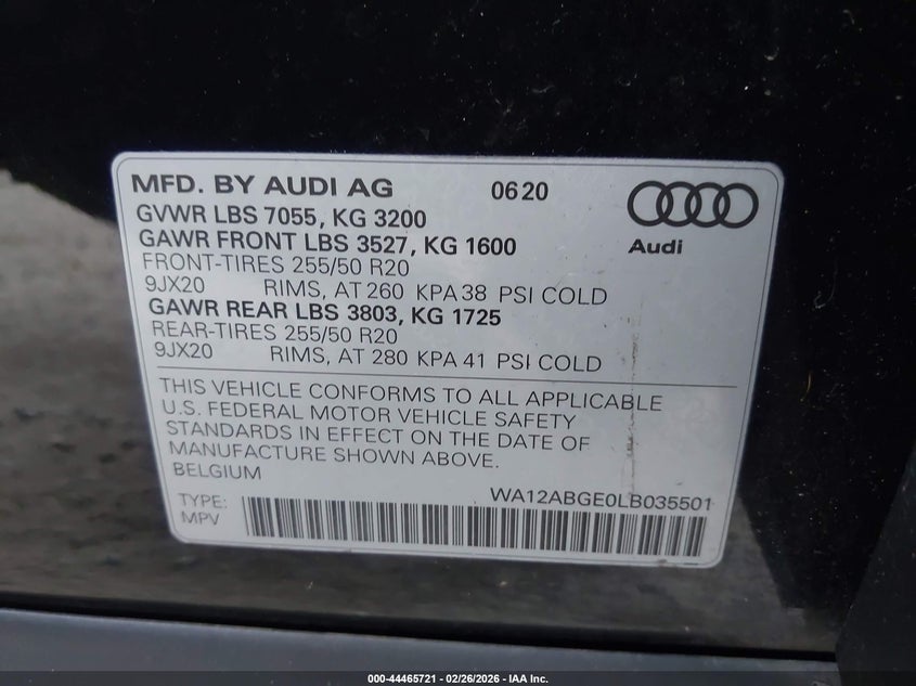 2020 Audi E-Tron Sportback Premium Plus Quattro VIN: WA12ABGE0LB035501 Lot: 44465721