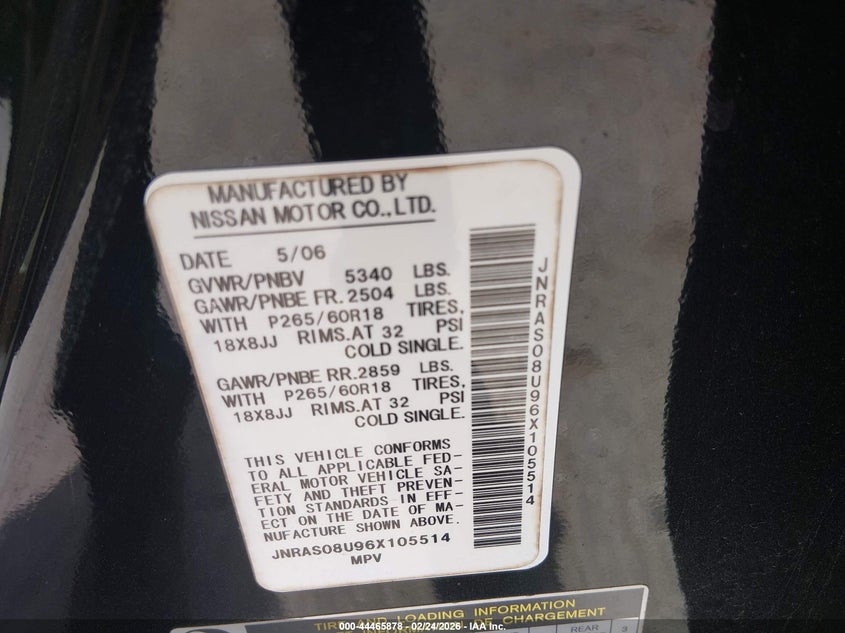 2006 Infiniti Fx35 VIN: JNRAS08U96X105514 Lot: 44465878