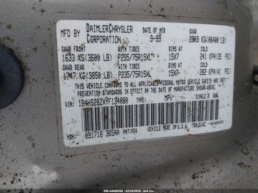 2000 Dodge Durango VIN: 1B4HS28ZXYF134080 Lot: 44466368