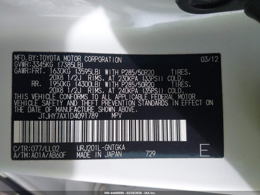 2013 Lexus Lx 570 VIN: JTJHY7AX1D4091789 Lot: 44466590