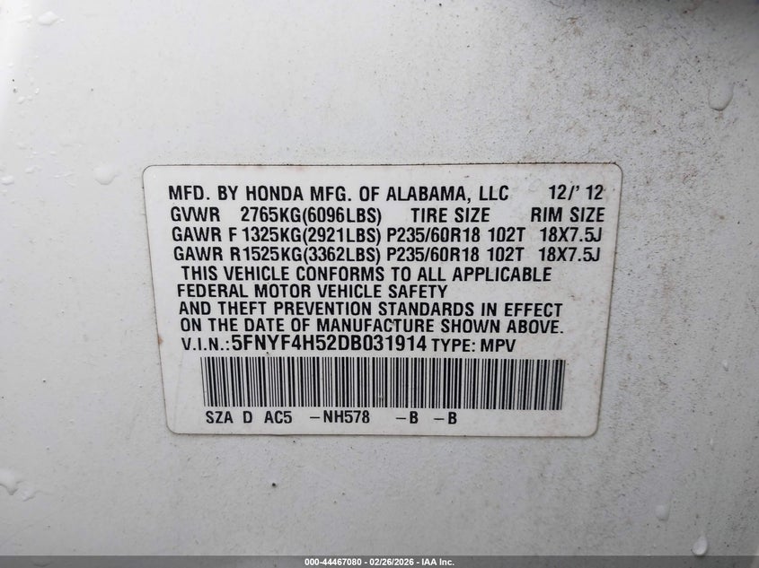 5FNYF4H52DB031914 2013 Honda Pilot 3.5 Ex-L white