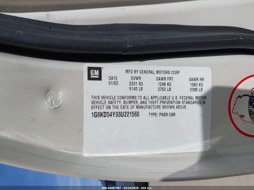 2003 Cadillac Deville Standard VIN: 1G6KD54Y93U221560 Lot: 44467097