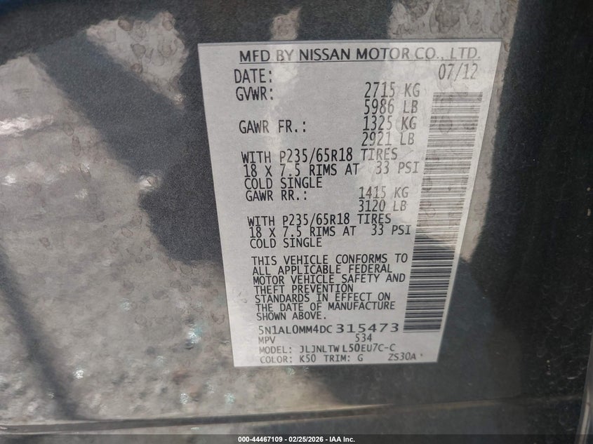 2013 Infiniti Jx35 VIN: 5N1AL0MM4DC315473 Lot: 44467109