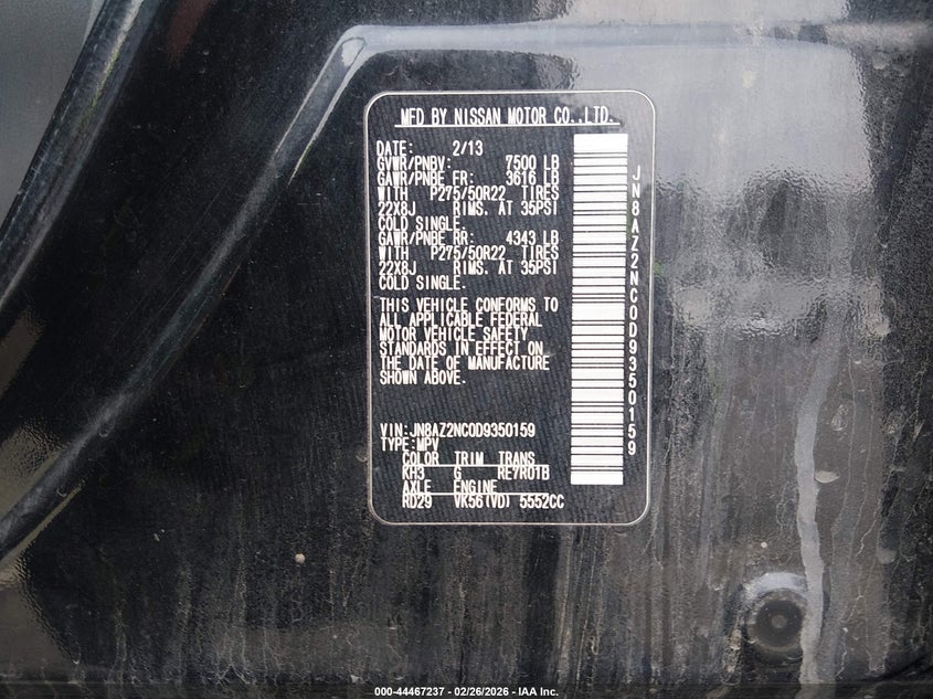 2013 Infiniti Qx56 VIN: JN8AZ2NC0D9350159 Lot: 44467237