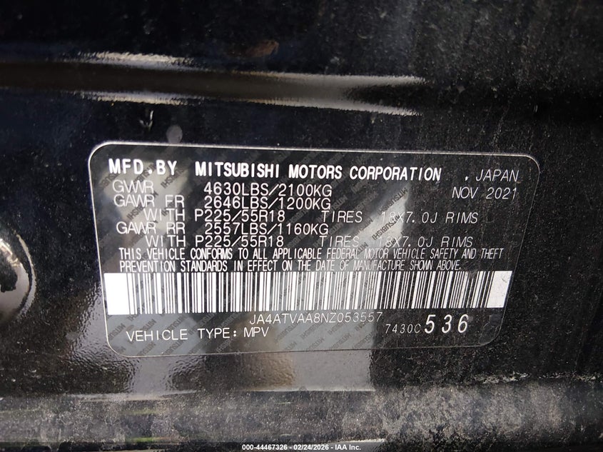 2022 Mitsubishi Eclipse Cross Le S-Awc VIN: JA4ATVAA8NZ053557 Lot: 44467326