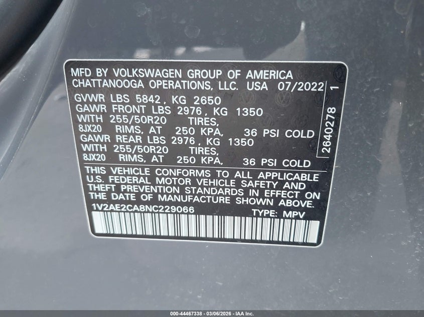 2022 Volkswagen Atlas Cross Sport 3.6L V6 Sel R-Line Black VIN: 1V2AE2CA8NC229066 Lot: 44467338