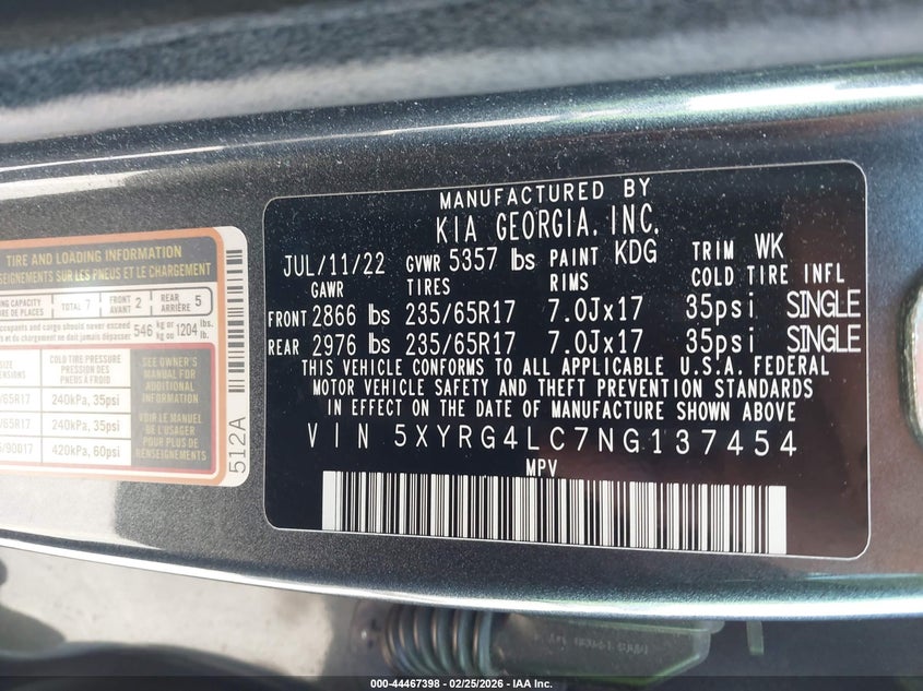 2022 Kia Sorento Lx VIN: 5XYRG4LC7NG137454 Lot: 44467398