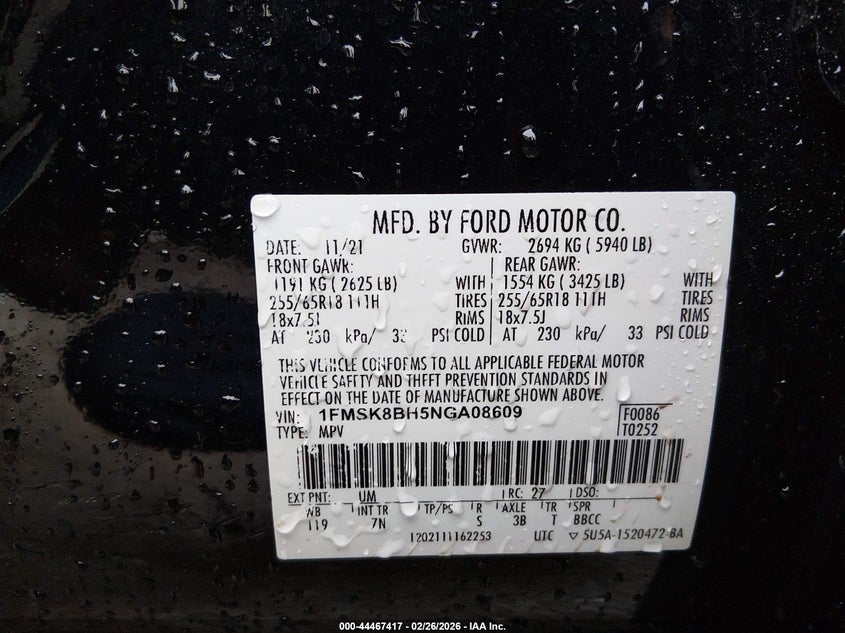 VIN 1FMSK8BH5NGA08609 2022 FORD EXPLORER