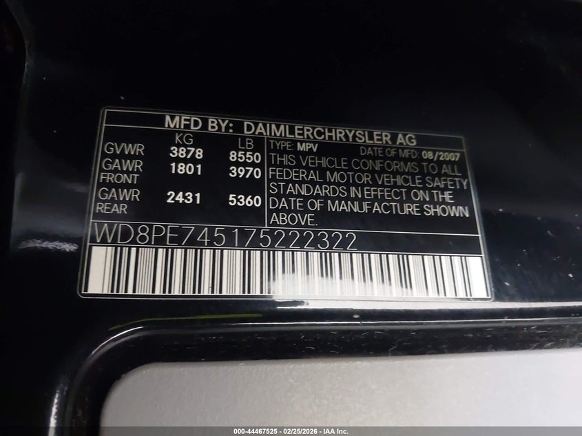 2007 Dodge Sprinter Wagon 2500 VIN: WD8PE745175222322 Lot: 44467525