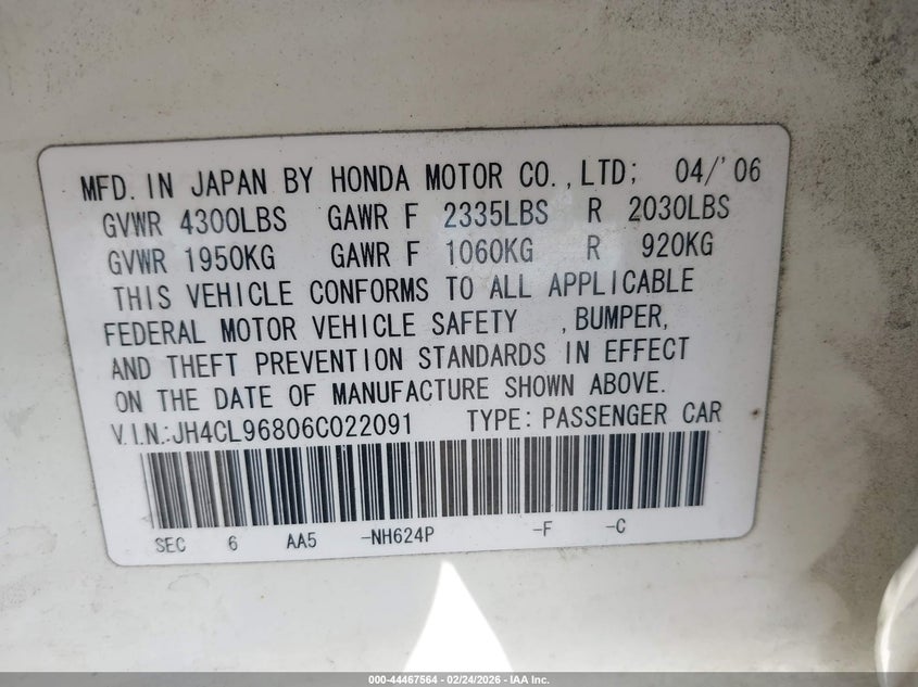 ACURA TSX 2006 VIN JH4CL96806C022091