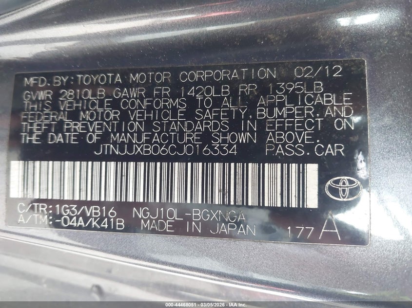 2012 Scion Iq VIN: JTNJJXB06CJ016334 Lot: 44468051