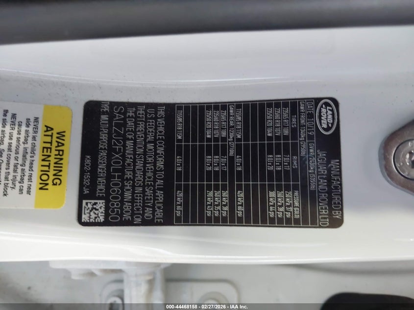 2020 Land Rover Range Rover Evoque S VIN: SALZJ2FX0LH060850 Lot: 44468158