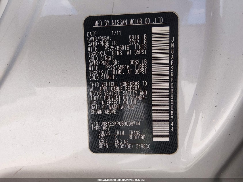 2011 Nissan Quest S VIN: JN8AE2KP0B9008744 Lot: 44468330