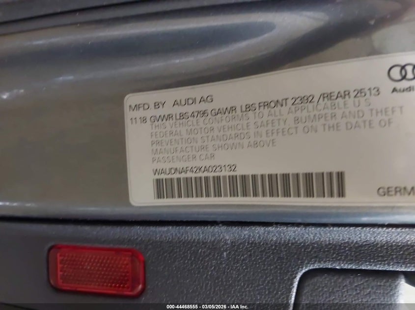 2019 Audi A4 45 Premium VIN: WAUDNAF42KA023132 Lot: 44468555