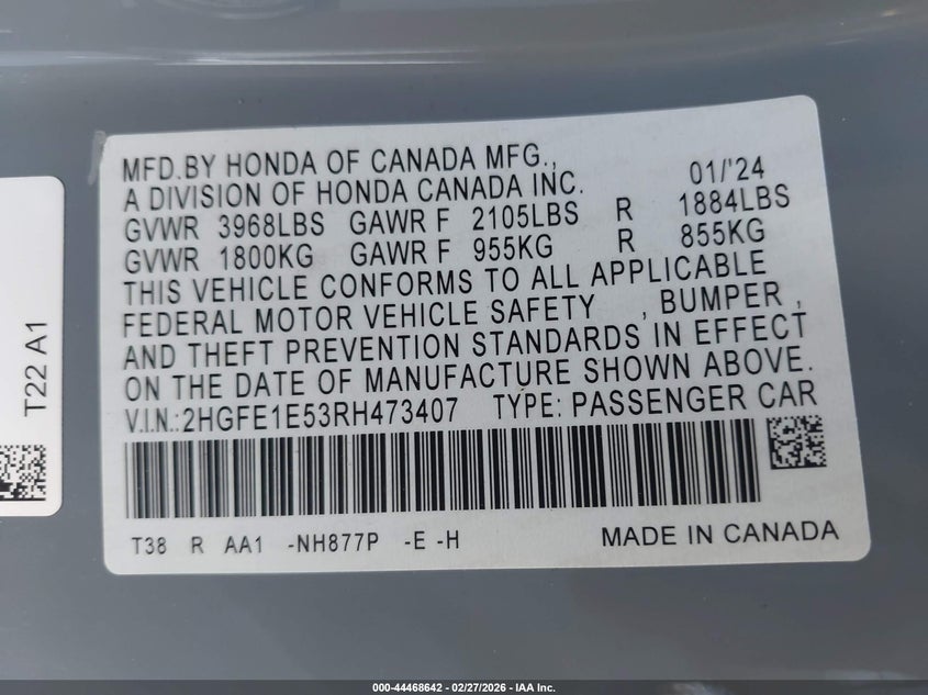 VIN 2HGFE1E53RH473407 2024 HONDA CIVIC SI SEDAN