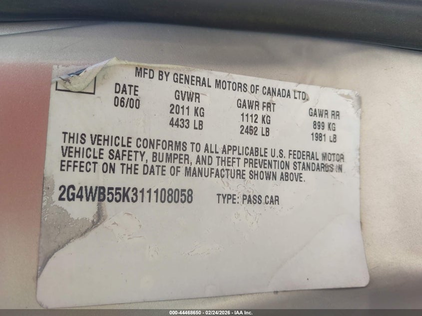 2001 Buick Regal Ls VIN: 2G4WB55K311108058 Lot: 44468650