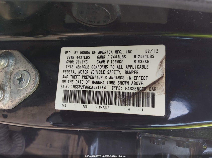 2012 Honda Accord 2.4 Exl black Lot 111044468670 Vin 1HGCP2F86CA091454