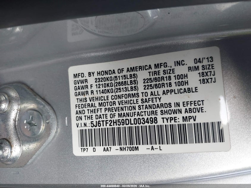 2013 Honda Crosstour Ex-L V6 VIN: 5J6TF2H59DL003498 Lot: 44468840