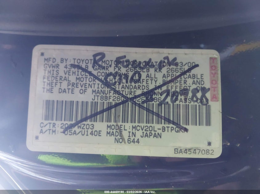 2000 Lexus Es 300 VIN: JT8BF28G5Y5100208 Lot: 44469198