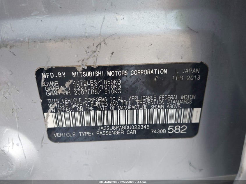 2013 Mitsubishi Lancer Gt VIN: JA32U8FW6DU022346 Lot: 44469209