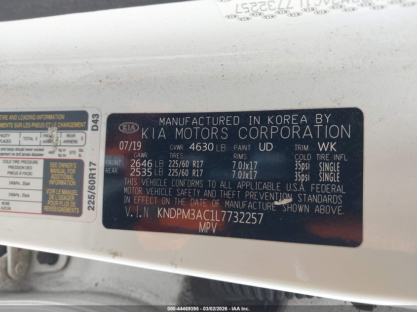 VIN KNDPM3AC1L7732257 2020 KIA SPORTAGE LX