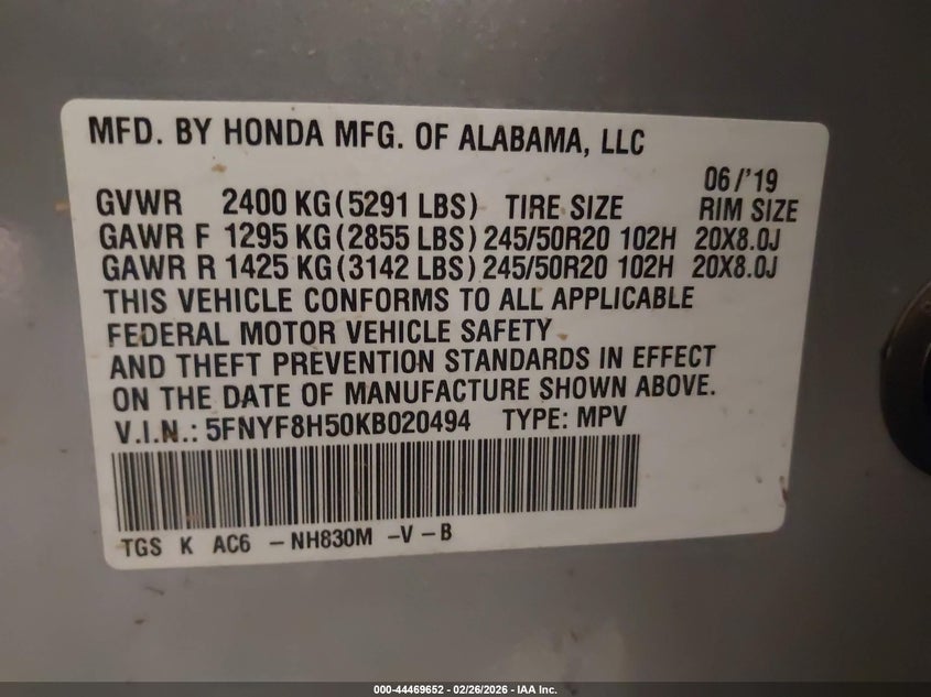 2019 Honda Passport Ex-L VIN: 5FNYF8H50KB020494 Lot: 44469652