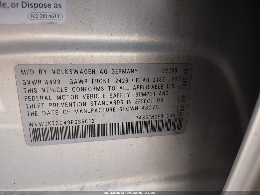 2009 Volkswagen Passat Komfort VIN: WVWJK73C49P035612 Lot: 44469734