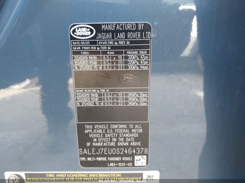 2025 Land Rover Defender 110 P400 S VIN: SALEJ7EU0S2464378 Lot: 44470052