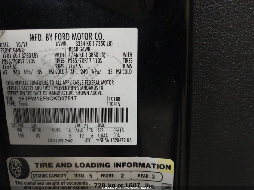2012 Ford F-150 5.0 Xlt black Lot 111044470108 Vin 1FTFW1EF8CKD07517