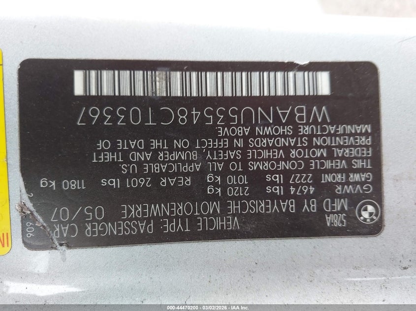 2008 BMW 528I VIN: WBANU53548CT03367 Lot: 44470200