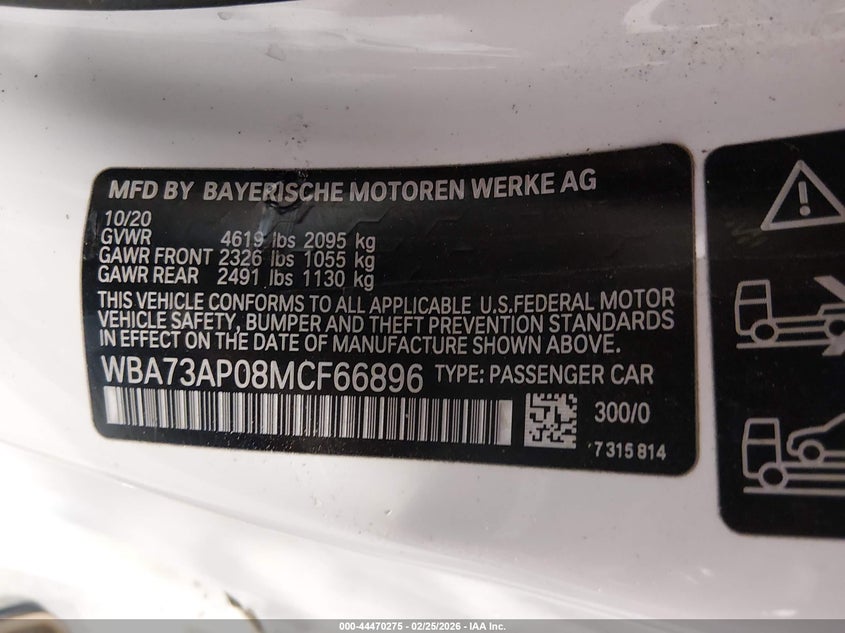2021 BMW 430I xDrive VIN: WBA73AP08MCF66896 Lot: 44470275