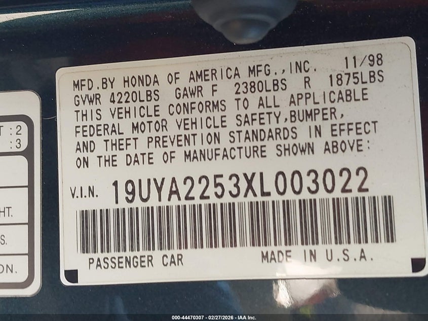 1999 Acura Cl 3.0 VIN: 19UYA2253XL003022 Lot: 44470307